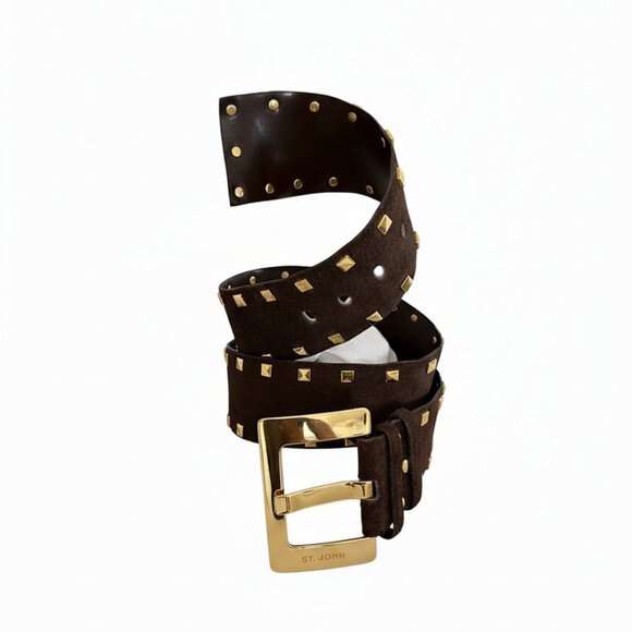 St. John Studded Brown Leather Belt w/ Bold Gold Buckle, Size 32 - Picture 3 of 5